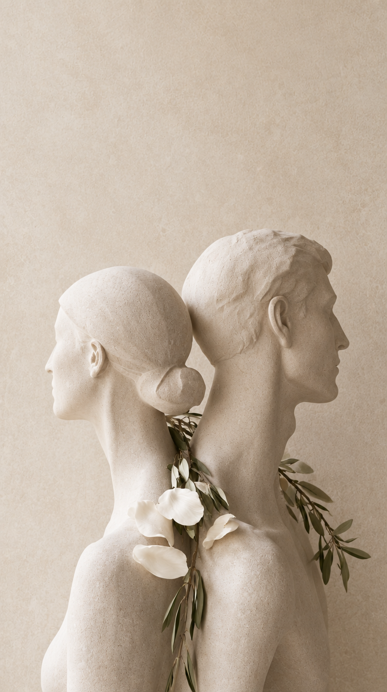 Female and male limestone face sculptures with olive foliage and ivory petals