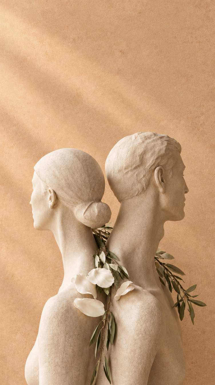 Female and male limestone face sculptures with olive foliage and ivory petals