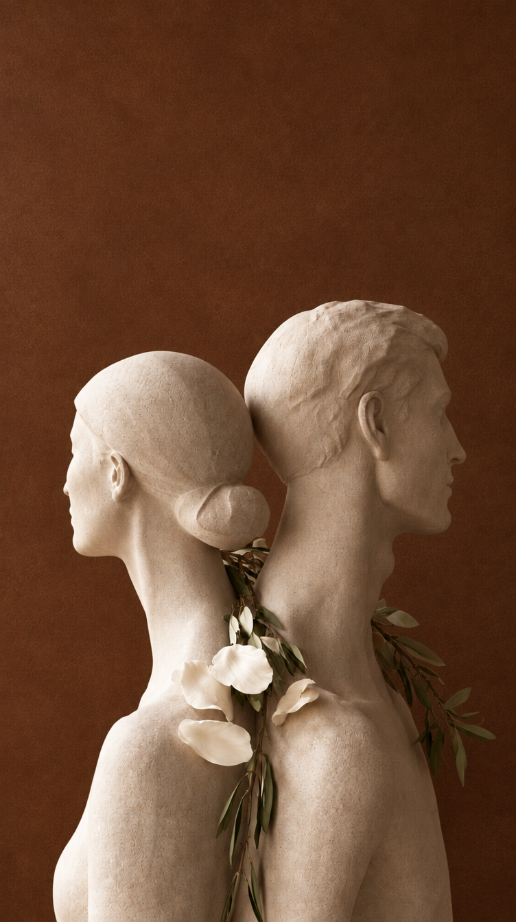 Female and male limestone face sculptures with olive foliage and ivory petals