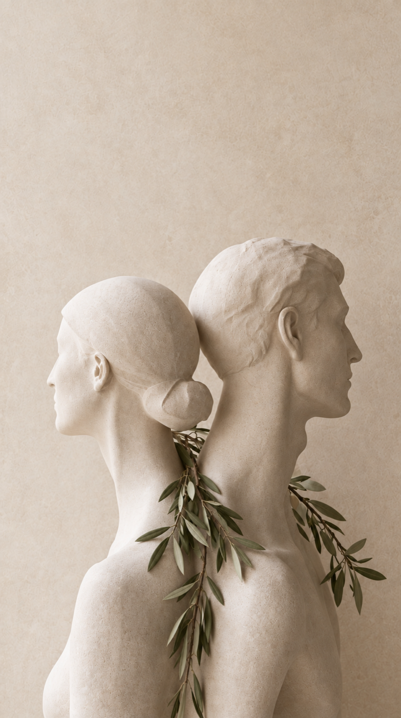 Two turned limestone portraits decorated with olive foliage
