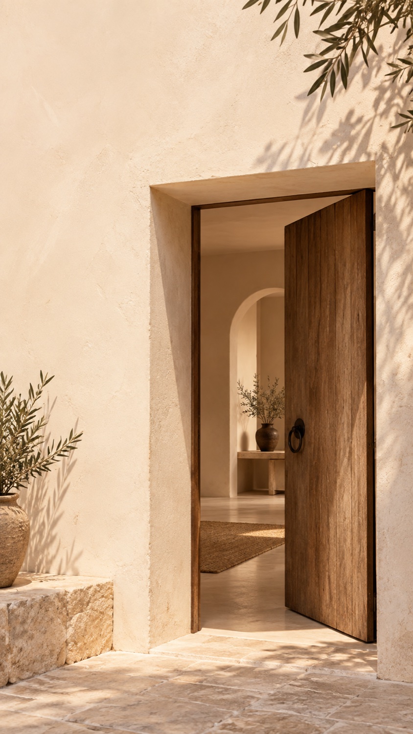 An abstract detail of warm plaster, doorway and olive shadow