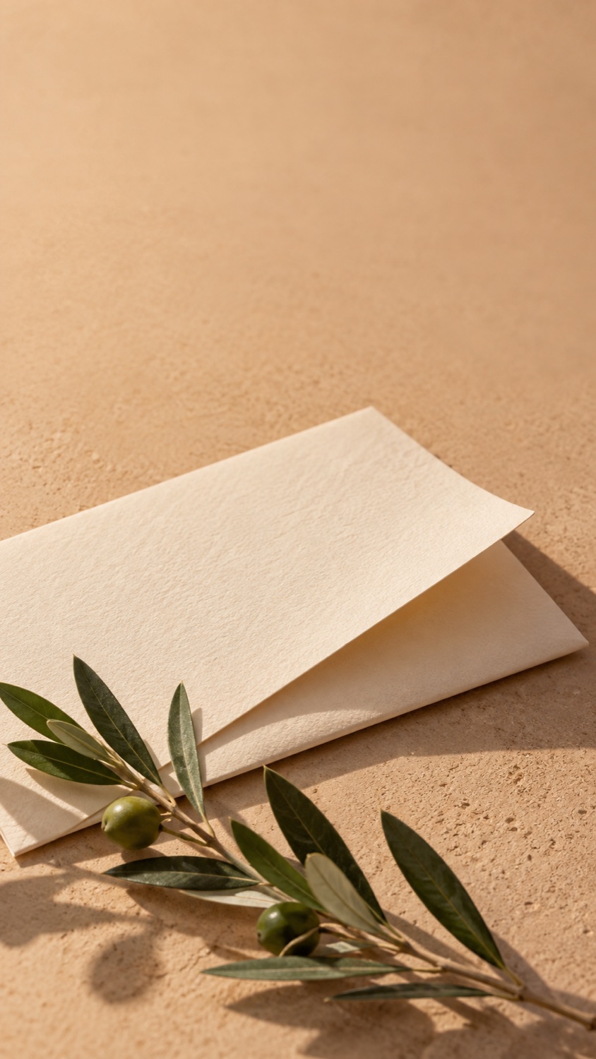 A personal ivory paper invitation with olive leaves