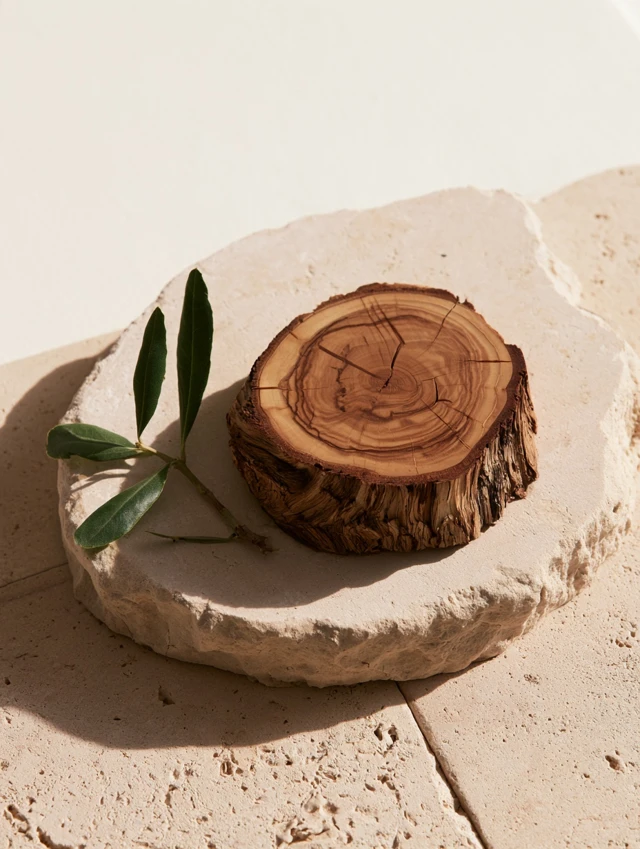 Olive wood with visible grain and a small olive twig resting on limestone